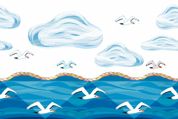 Seamless board with a seascape. Waves, seagulls and clouds, sea breeze depicted with brushstrokes and streaks on a separate background