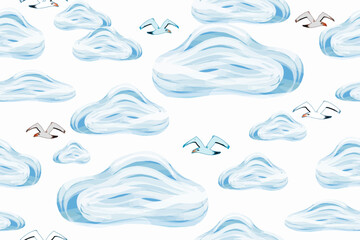 Seamless board with a seascape. Waves, seagulls and clouds, sea breeze depicted with brushstrokes and streaks on a separate background