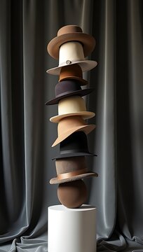 Tall stack of hats in various styles and textures, balanced on a small white plinth in front of curtain backdrop
