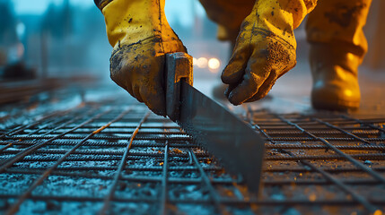 Construction Worker Using a Trowel on Reinforced Concrete