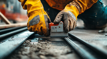 Construction Worker Using Tool on Railway Tracks