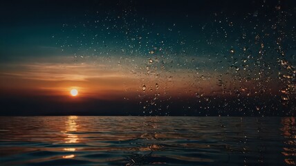 Sunset over the ocean with raindrops on a window creating a blurred and dreamy atmosphere scene