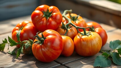 Fresh ripe tomatoes on the vine resting on a wooden table with a focus on healthy organic produce Generated using Raphael AI (free version with commercial use rights)	