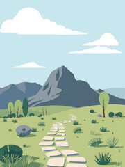Flat minimalistic illustration of natural landscape with mountains and path. Background for theme banner