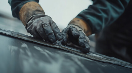 Hands in Dirty Gloves Working on Metal Surface