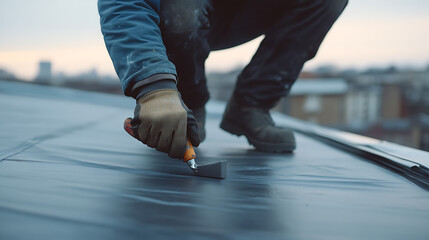 Worker Installing Roofing Material on a Flat Roof
