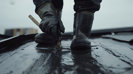 Worker Applying Tar on a Roof