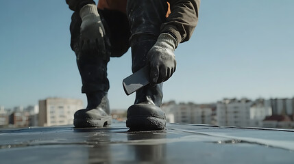 Construction Worker Installing Roof Tiles