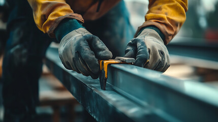 Worker Measuring a Metal Beam with a Caliper