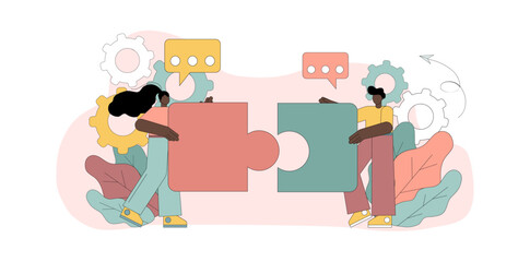 Two people connect a puzzle. Teamwork. Conclusion of a contract. Effective interaction.eps