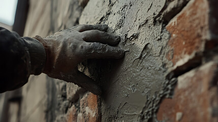 Hand Applying Cement to Brick Wall