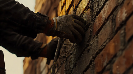 Construction Worker Applying Mortar to Brick Wall