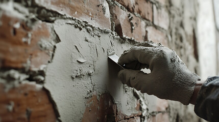 Hand Applying Plaster to a Brick Wall