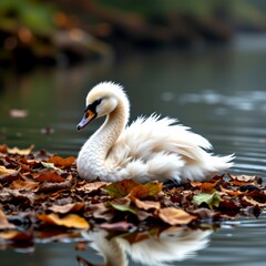 a swan cygnet curled in a riverside leaf pile, soft morning fog, serene wildlife moment.