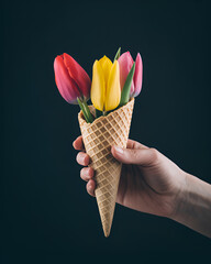 A photograph of a human hand gently holding an ice cream cone filled with three vibrant tulips