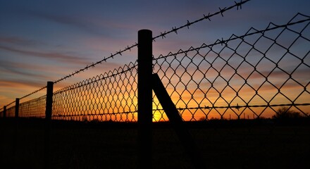A barbed wire fence with a wooden post silhouetted against the sunset. The concept of borders, security and restrictions.