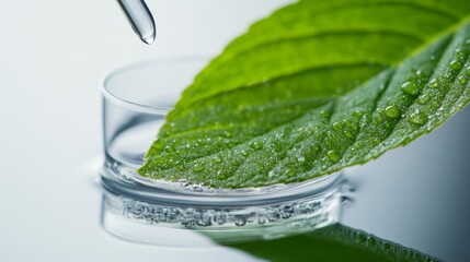 Water drop falling from green leaf above laboratory glassware for natural chemistry and sustainable science research concept
