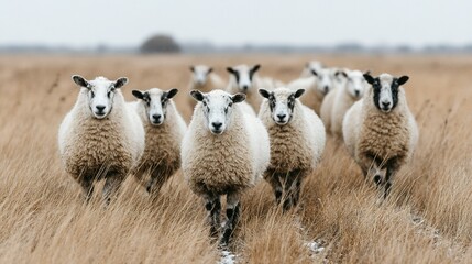 A group of sheep in a field of dry grass.