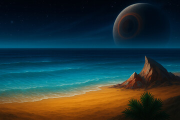 Alien ocean under massive moon - Sci-fi painting of a mysterious beach on another planet with vivid waves, alien rock formations and a huge ringed moon in the sky