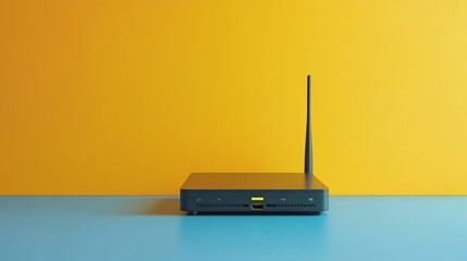 Fototapeta premium Modern Wireless Router Displayed on Blue Surface with Bold Yellow Background, Minimal Tech Setup, Fast Connectivity Concept in High-Quality Product Presentation, 32k Resolution