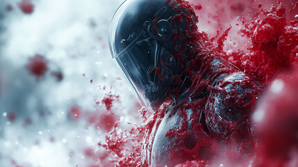 Cyborg head dissolving into red digital particles with futuristic helmet design, artificial intelligence and technology transformation concept