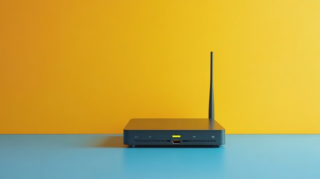 Modern Wireless Router Displayed on Blue Surface with Bold Yellow Background, Minimal Tech Setup, Fast Connectivity Concept in High-Quality Product Presentation, 32k Resolution