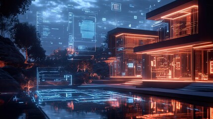 Modern futuristic house with glowing lines and digital interface overlaying the landscape view