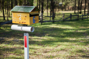 Yellow and green number six rural mailbox