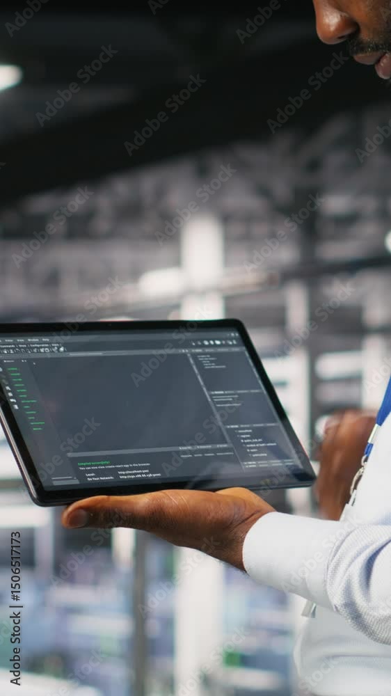 Poster vertical video close up of programmer swiping on tablet display in data center, doing maintenance ta
