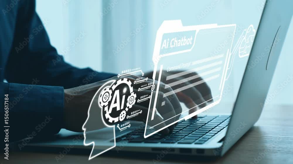 Poster human interact with ai artificial intelligence virtual assistant chatbot in concept of ai artificial