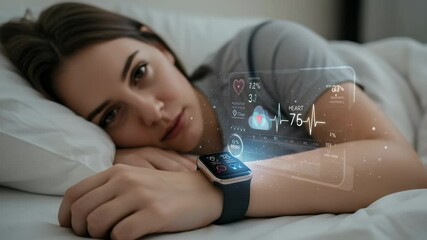 Woman resting, wearable tech displays health metrics - Powered by Adobe