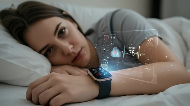 Woman resting, wearable tech displays health metrics