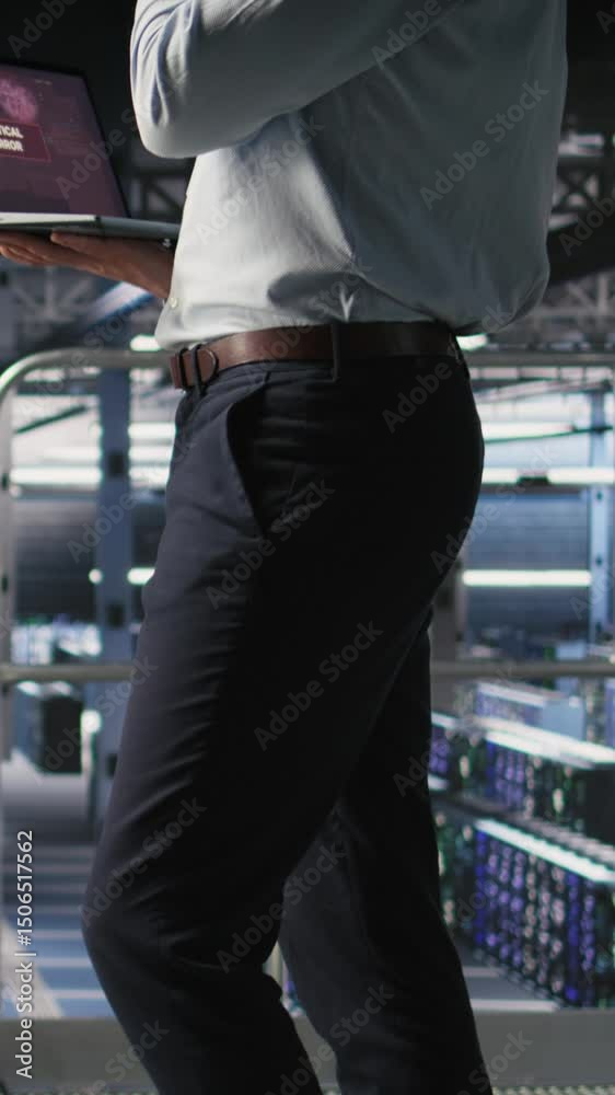 Poster vertical video data center developer frustrated by critical error affecting laptop. irate server far