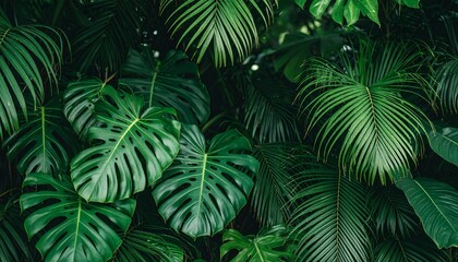 Lush green tropical foliage background featuring large Monstera deliciosa leaves and various palm fronds with a vibrant and natural aesthetic.