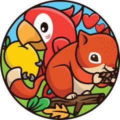 Naklejka premium Cute and unique parrot and squirrel illustration for pet shop logo
