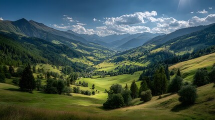 Fototapeta premium Alpines Tal mit grünen Wiesen unter dramatischem Himmel 