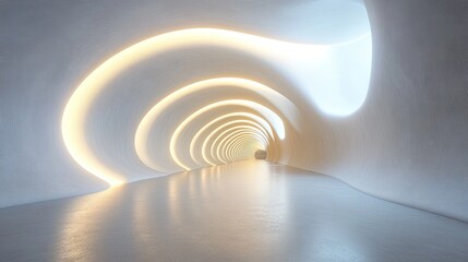 Naklejka premium Illuminated white tunnel with repeating arches and reflective floor leading to a bright opening