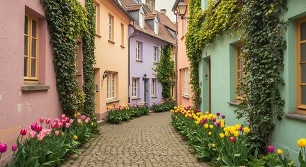 Naklejka premium Cobblestone Street with Colorful Buildings and Flowers