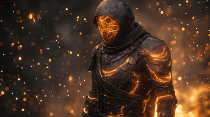 Futuristic armored warrior with glowing orange energy patterns against dark background, cyberpunk concept for gaming design