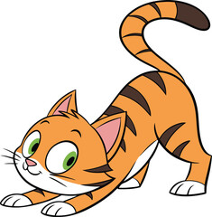 Cute Stretching Cat Illustration  Orange and White Cartoon Cat with Black Stripes and Curled Tail