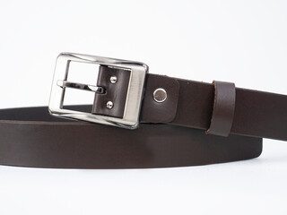 Coffee brown leather belt isolated on white background, perfect for leather product catalog design