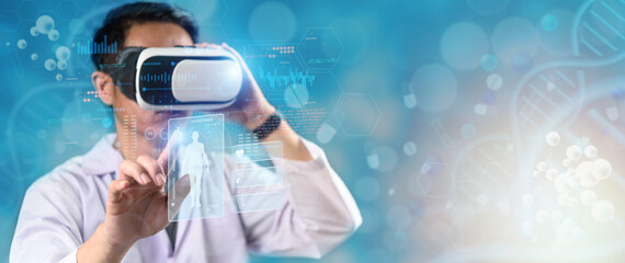 Doctor using virtual reality headset with digital hologram interface for medical analysis. Futuristic technology concept in healthcare innovation and telemedicine solution.