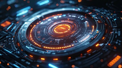 Close up of a futuristic circular device with orange and blue lights and intricate detailing around it