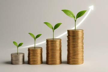 Financial Growth Concept with Coin Stacks and Seedlings Against a Neutral Backdrop, Illustrating Investment and Prosperity Over Time