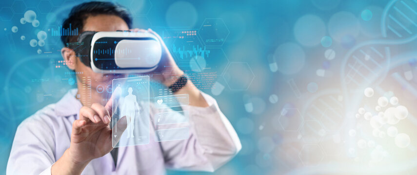 Doctor using virtual reality headset with digital hologram interface for medical analysis. Futuristic technology concept in healthcare innovation and telemedicine solution.