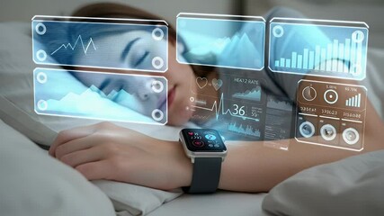 Woman sleeping with a smart watch displaying health data overlaid on her - Powered by Adobe