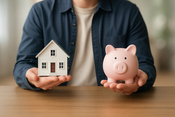 Home Savings Concept with Miniature House and Piggy Bank Held by a Person in a Blue Shirt on a Wooden Table