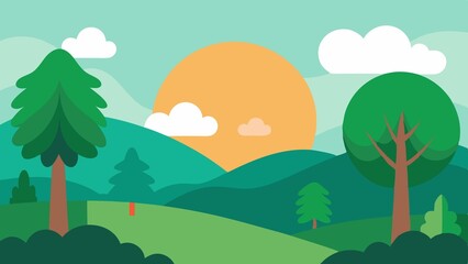 Fototapeta premium Simple illustration of a scenic landscape featuring trees, hills, and a sun background