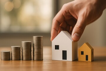 Real Estate Investment and Property Value Appreciation Concept with Coins and Miniature Houses, Representing Homeownership and Financial Growth