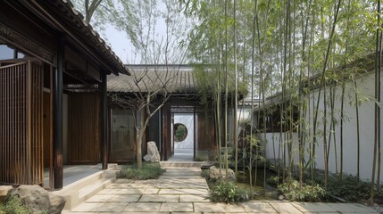 Neo - Chinese Style Courtyard Landscape with Bamboo Shadows